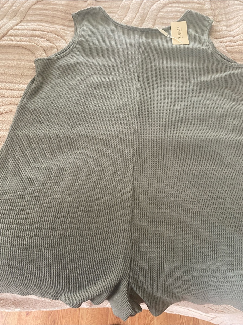 Sleeveless Olive Waffle Knit Romper with Front Buttons - Picture 5 of 10